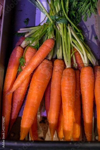 Organic Carrots, Fresh, organically grown carrots at a farmer's market - with a little raw dirt