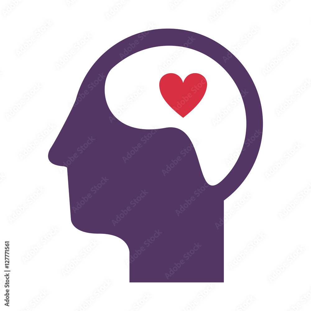 purple silhouette head and human brain with heart vector illustration
