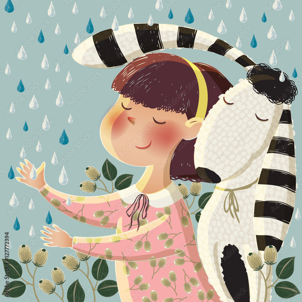 Vector illustration of a cute girl and a dog with long ears in a rainy ...