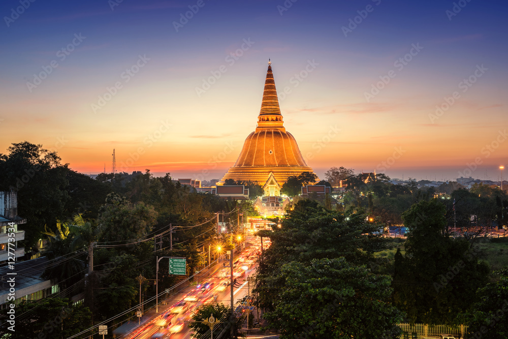 Golden pagoda Phra Pathom Chedi sunset of Nakhon Pathom province, Asia, Thailand