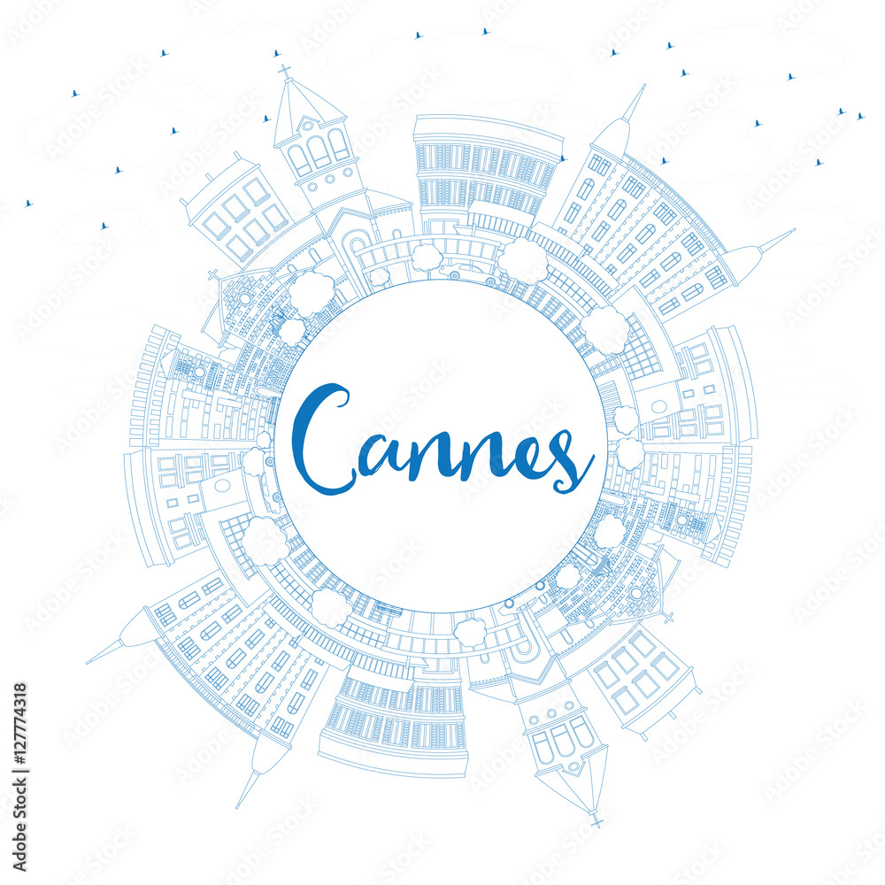 Outline Cannes Skyline with Blue Buildings and Copy Space. Outline Cannes Skyline with Blue Buildings and Copy Space.