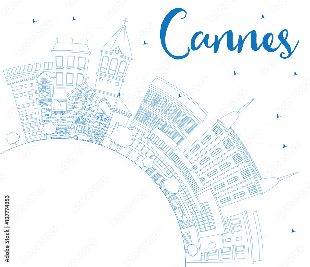 Outline Cannes Skyline with Blue Buildings and Copy Space.