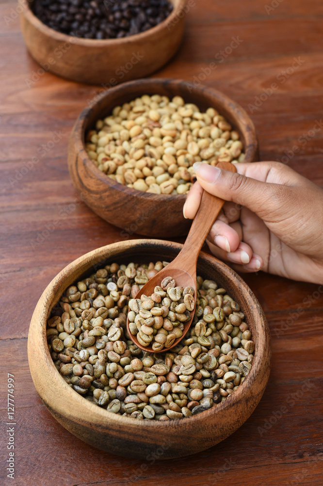 Coffee beans on wooden spoon for background Coffee beans on wooden spoon for background