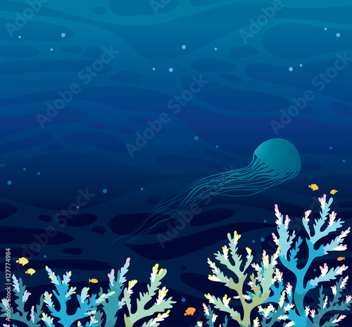 Silhouette of jellyfish and coral reef.