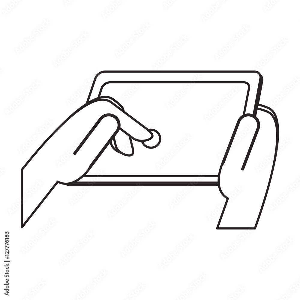 Hands holding tablet icon. Device gadget technology and electronic theme. Isolated design. Vector illustration