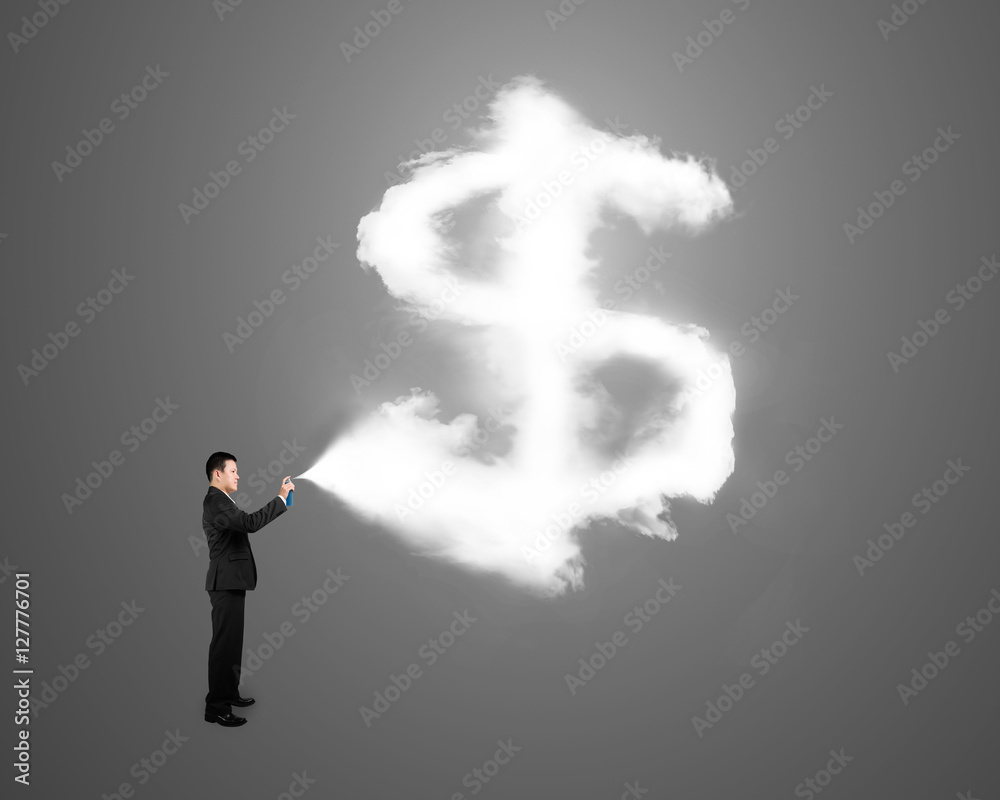 Businessman spraying out dollar sign shape cloud Businessman spraying out dollar sign shape cloud