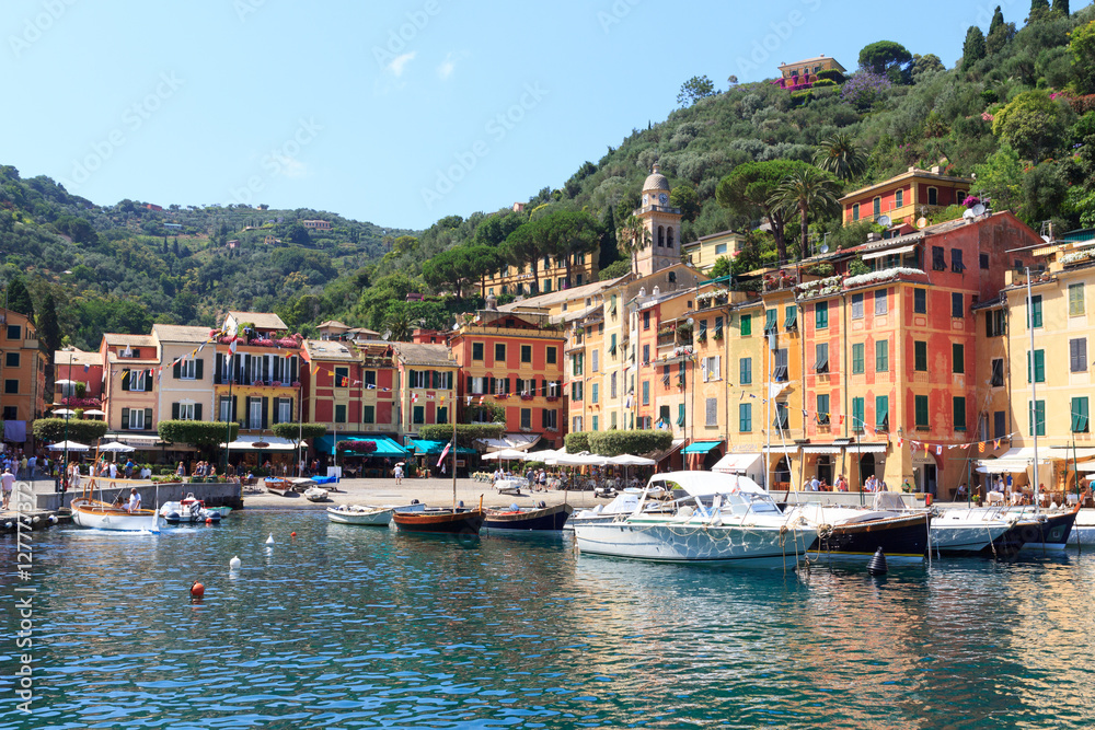 Portofino port with colorful houses, boats and Mediterranean Sea, Italy