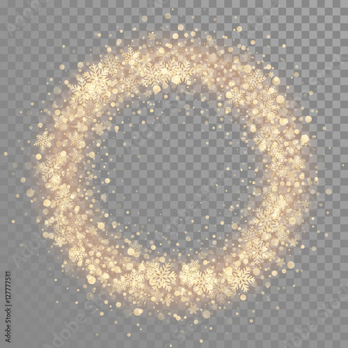 Golden shiny glitter snowflakes in round shape wreath