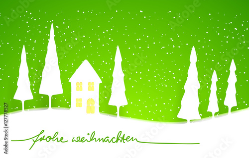 Frohe Weihnachten winterliche weihnachtliche Karte mit Tannenbäumen, Haus und Schnee  - gemalt Vektor verschneit