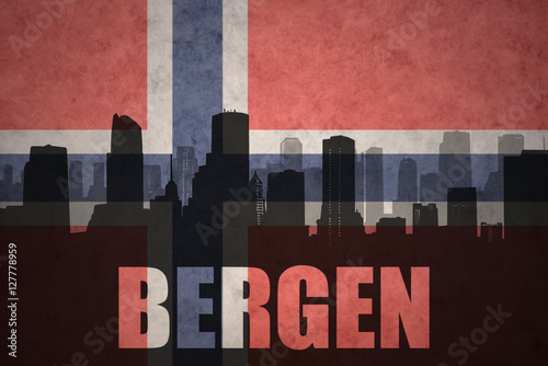 abstract silhouette of the city with text Bergen at the vintage norwegian flag