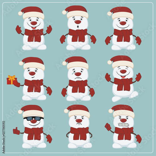  Vector set of cheerful christmas snowman. Collection of christmas snowmen in cartoon style. 
