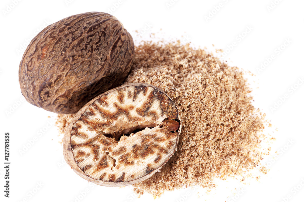 Nutmeg , half and ground on white background