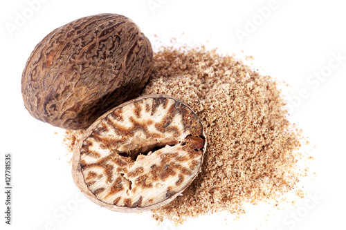 Nutmeg , half and ground on white background