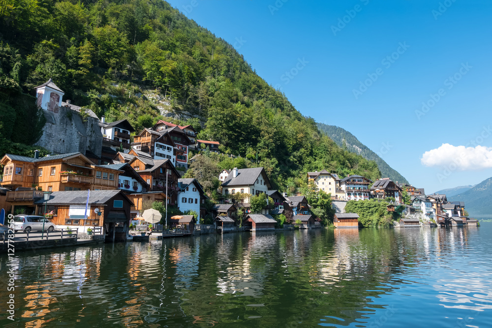 Hallstatt lakes and mountains village , Austria 's mountainous Salzkammergut region in summer