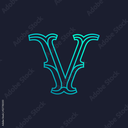 V letter logo. Mono line Slab serif retro type.
