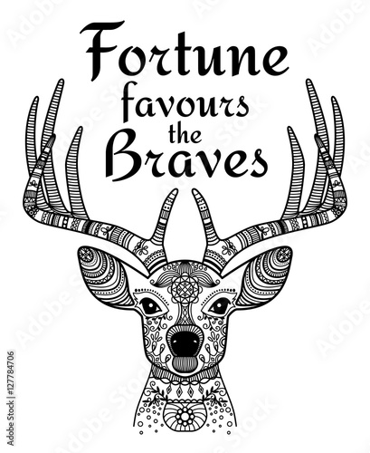 Deer black ornamental icon with text fortune favours the brave. Vector illustration photo