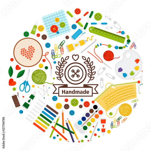 Handmade round shape colorful poster with flat elements. Vector illustration