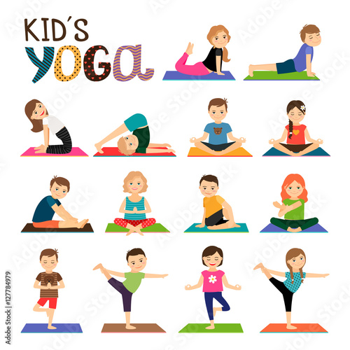Kids yoga vector icons set. Smiling children in different yoga poses collection on white background