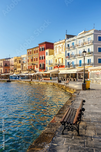 morning view of old harbor in Chania, Greece