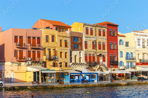 morning view of old harbor in Chania, Greece