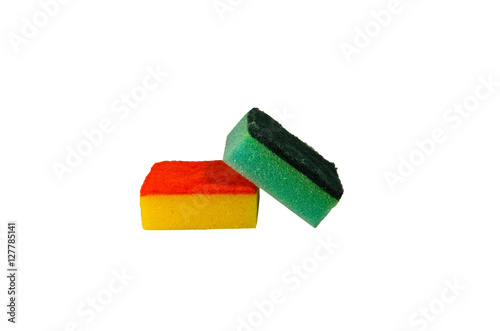 Multicolored kitchen sponges on a white background