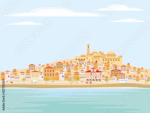 Abstract image of a Mediterranean coastal town. Vector background with the image of the sea coast, road, small houses and mosque.