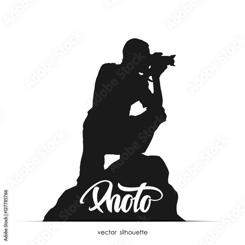 Vector illustration: Silhouette of photographer sitting on stone isolated on white background