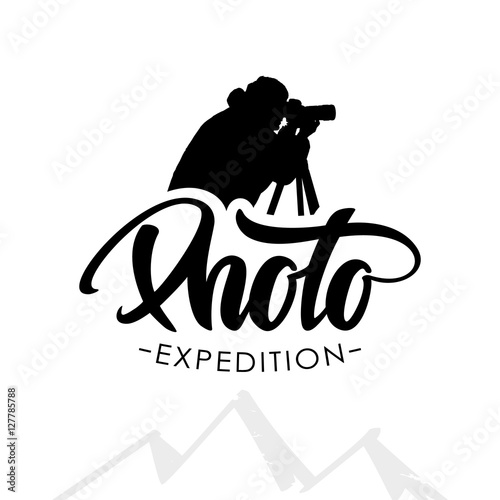 Vector illustration: Hand drawn template emblem with handwritten lettering of Photo and silhouette of photographer isolated on white background.