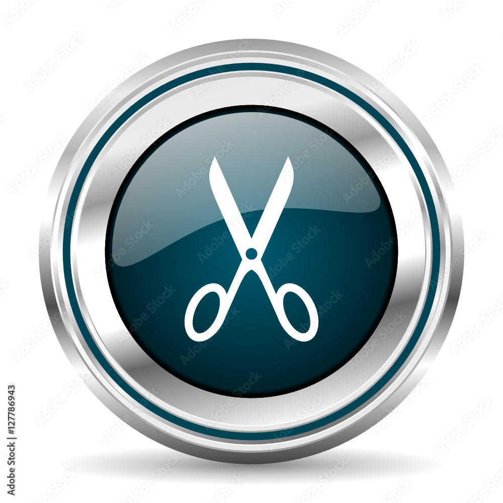 Scissors vector icon. Chrome border round web button. Silver metallic pushbutton. Scissors vector icon. Chrome border round web button. Silver metallic pushbutton.