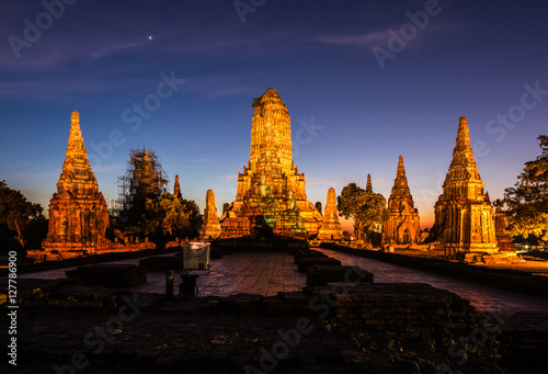 At twilight. Wat Chaiwatthanaram temple, Ayutthaya Historical Park, Thailand. Places of historical importance of the country Thai.