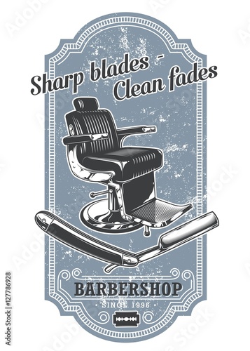 Vintage barbershop label with barber chair and razor, text and grunge texture