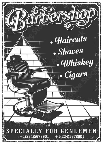 Vintage barbershop poster with barber chair, text, and grunge texture