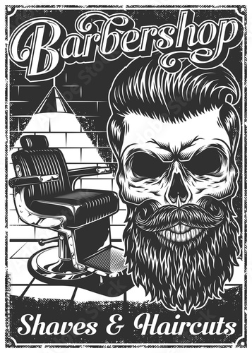 Vintage barbershop poster with barber chair, skull, text, and grunge texture