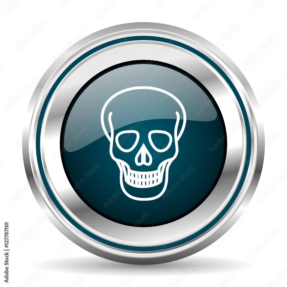 Skull vector icon. Chrome border round web button. Silver metallic pushbutton.