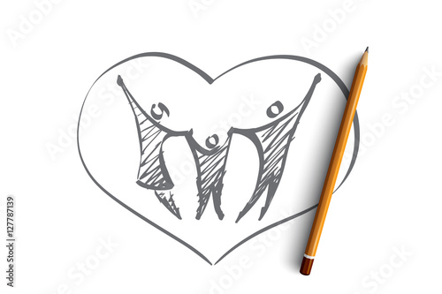 Vector hand drawn family heart concept sketch with pencil over it. Father, mother and child holding each other with raised hands in heart