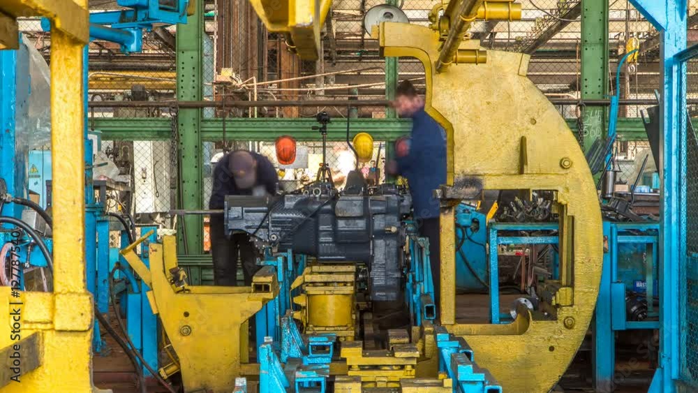 Tractor engine assembled on the factory production line on tractor factory timelapse