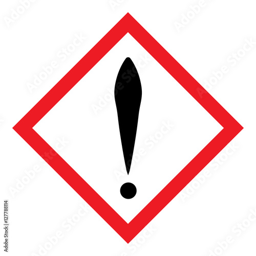 Exclamation mark in red and white square. Vector icon. Flat design style