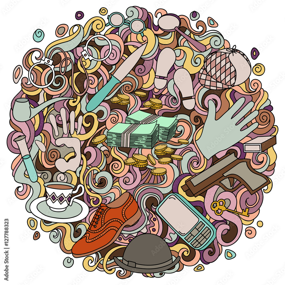 Cartoon cute doodles hand drawn Detective and criminal vector illustration. Colorful detailed, with lots of objects background.