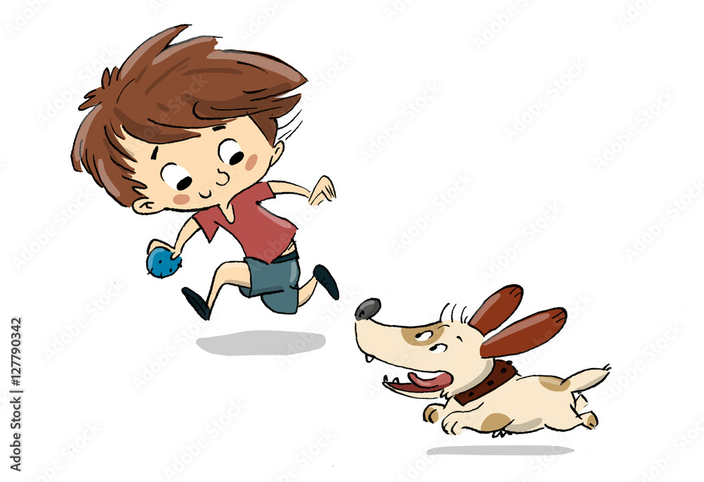 Niño jugando con un perro. Corren y juegan ilustración de Stock | Adobe  Stock