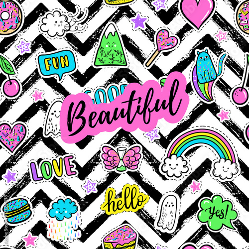 Beautiful greeting card, fashion poster. Hand drawn fashion pink color patches: rainbow, doughnut, cat, macaron, cake, lollipop seamless pattern. Vector pop art sticker, patches pin 80s-90s style.