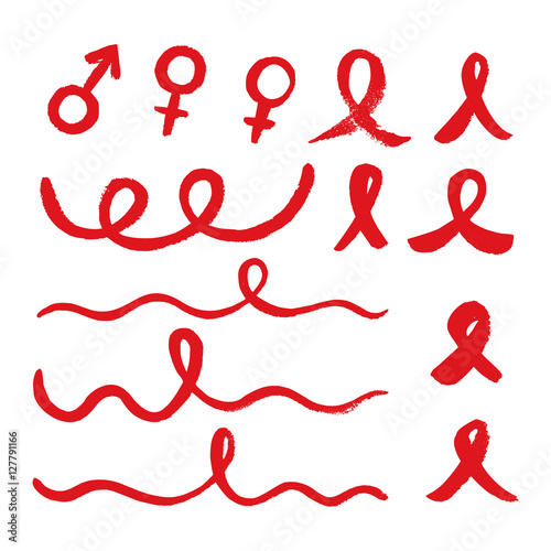 World Aids Day signs, elements set. Vector concept of aids awareness. Design with text, hand drawn red ribbon brush strokes.