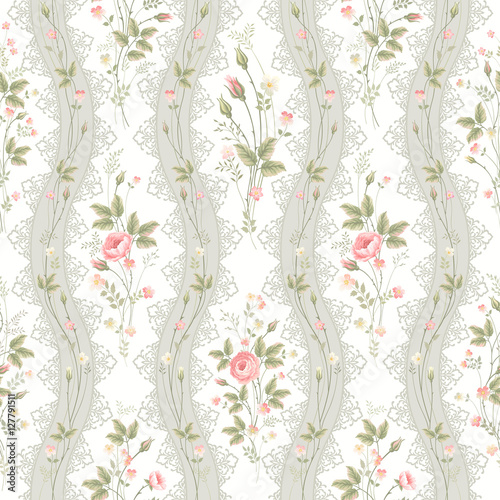 reamless floral pattern with lace and rose borders