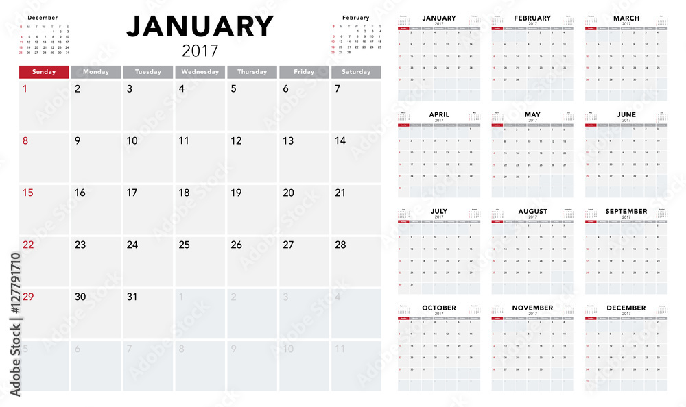 Calendar 2017 template design. Week starts from Sunday - obrazy, fototapety, plakaty 