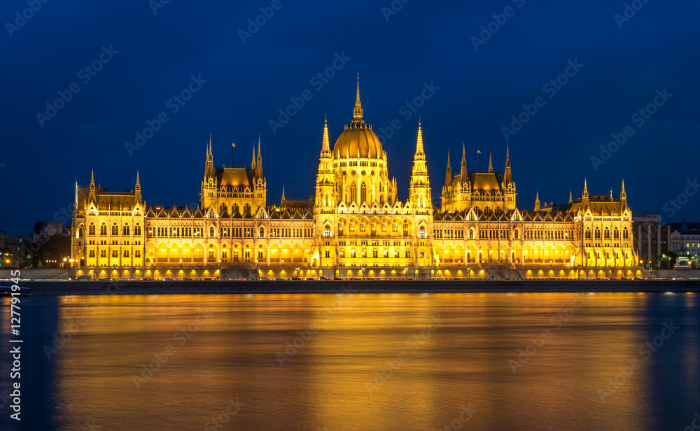 Parliament building and the Danube river at night, Budapest, Hungary