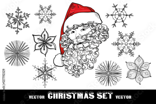 Christmas Doodle set include Santa with red hat, graphic snowfla photo