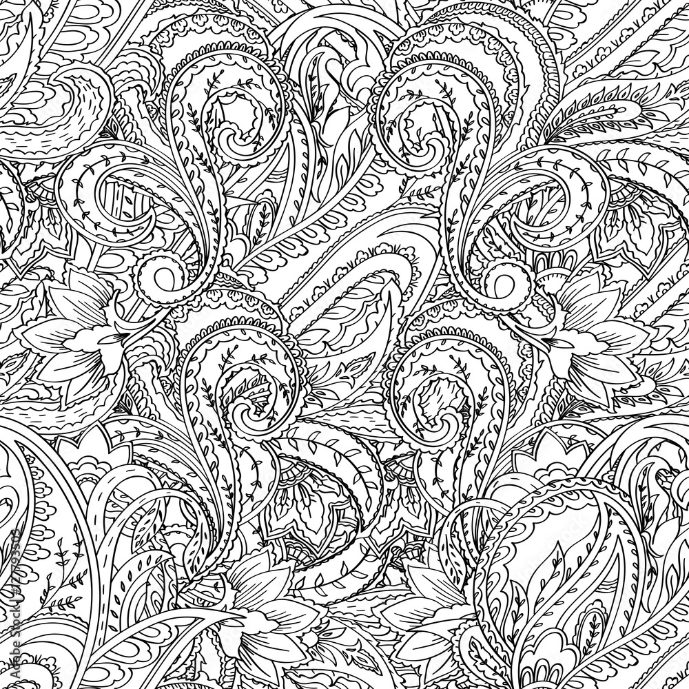 Paisley seamless pattern. Monochrome hand drawn floral motif for coloring page, wrapping, wallpaper Paisley seamless pattern. Monochrome hand drawn floral motif for coloring page, wrapping, wallpaper