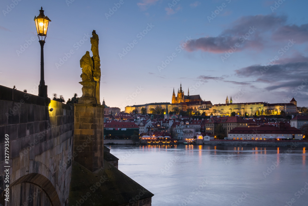 Fototapeta premium Prague Castle and Charles Bridge at night.