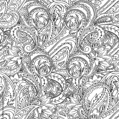 Paisley seamless pattern. Monochrome hand drawn floral motif for coloring page, wrapping, wallpaper