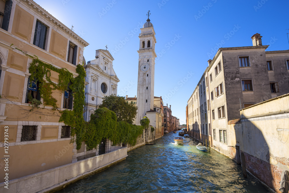 church of San Giorgio dei Greci with tilted belfry. Venice. Italy.