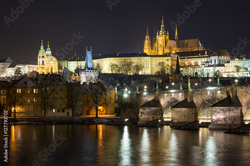 Prague Castle and Charles Bridge at night.